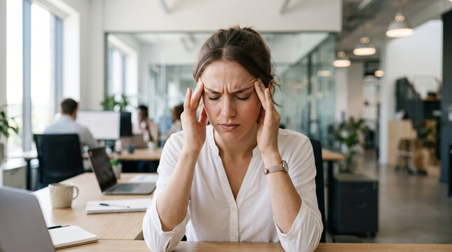 Woman experiencing headache while working in a modern office environment