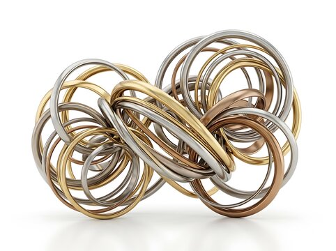 Intricate knotted metal rings art sculpture isolated on white background