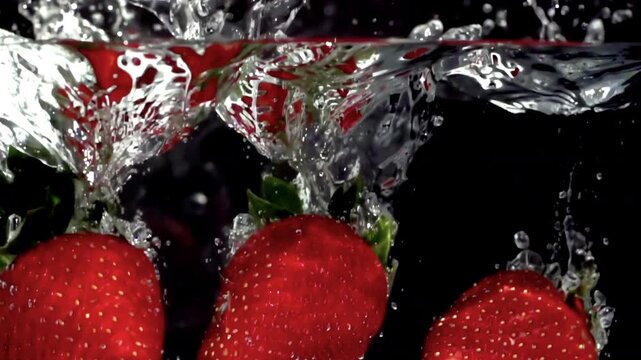 fresh strawberries fruit dropped into water in super slow motion