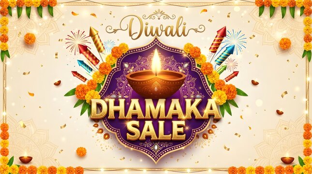 Diwali dhamaka sale banner with traditional diya lamp, marigold flowers and colorful firecrackers on a festive background