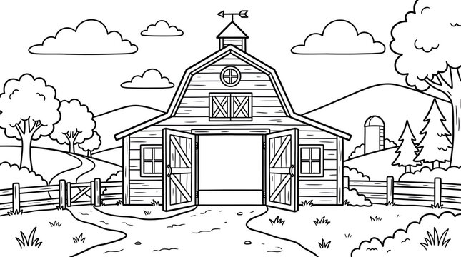 Line art illustration of a rural farm barn with open doors and landscape