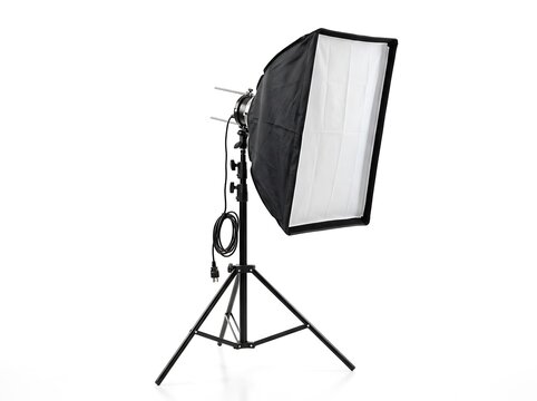 Studio light softbox on tripod stand isolated on white background