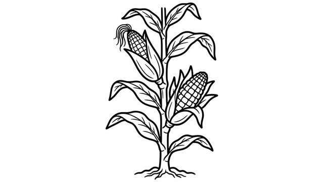 Corn plant line art illustration with ears and leaves isolated on white background