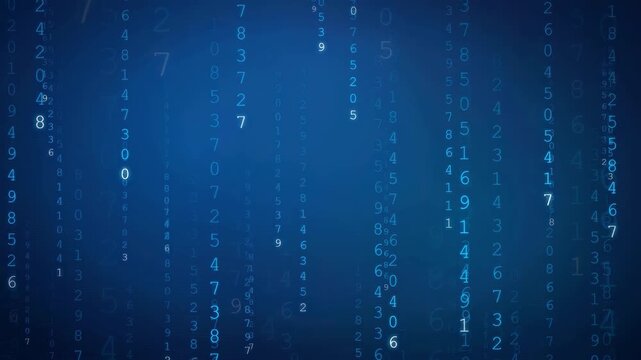 Digital binary code streaming vertically on a dark blue background for technology and data concepts