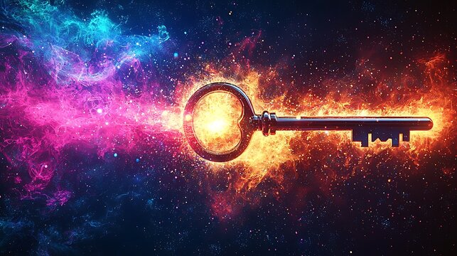 Cosmic Key to Secrets: An ornate key glows with celestial energy, bridging vibrant nebulae and cosmic dust, symbolizing unlocking mysteries and vast possibilities in the universe.