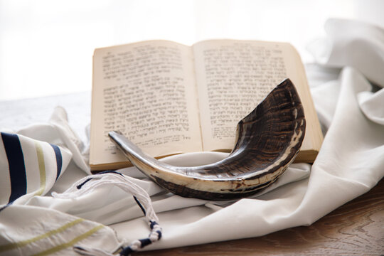 Religion image of Shofar, Tallit and Torah religious symbols. Rosh hashanah
