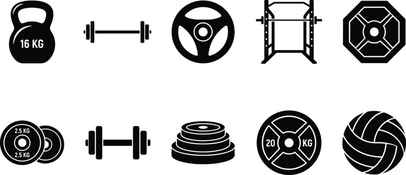 Set of gym and fitness equipment silhouette vector icons including dumbbells, kettlebells, and weight plates