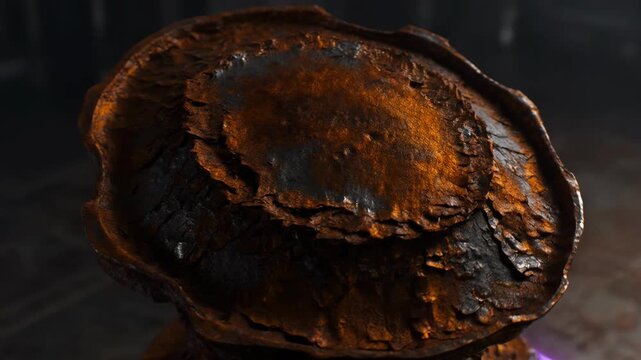 Close-up of heavily rusted metal object with rough texture and dark brown and orange colors, dramatic lighting, grunge industrial aesthetic