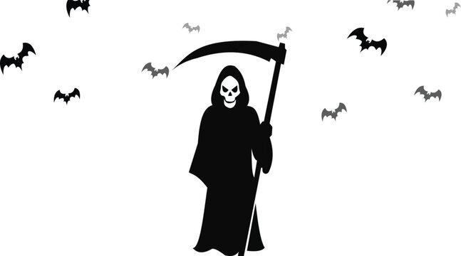 Grim reaper silhouette holding scythe surrounded by flying bats isolated on white background