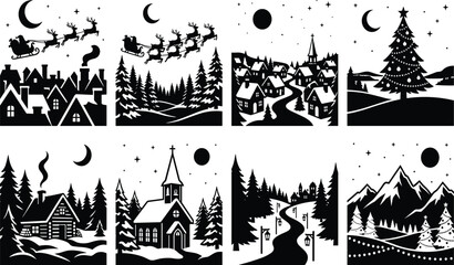 Naklejka premium Art & IllustrationChristmas winter night village silhouette set with flying Santa sleigh, pine trees, and starry sky