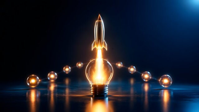 Futuristic silver rocket launching from a glowing glass lightbulb representing rapid startup business growth and explosive creative innovation