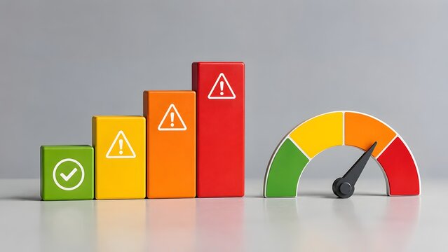 Colorful risk management concept featuring a rising bar graph of warning signs and a dashboard gauge pointing to critical red danger zone