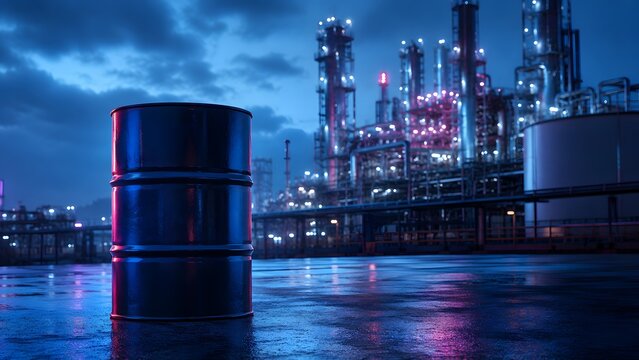 Black crude oil barrel standing at a modern petroleum refinery plant at night representing industrial energy production and global fuel export