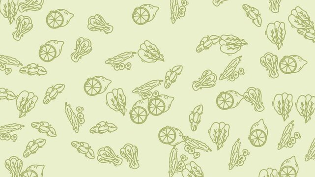 Vegetable doodles create a seamless healthy food pattern on a light green background.