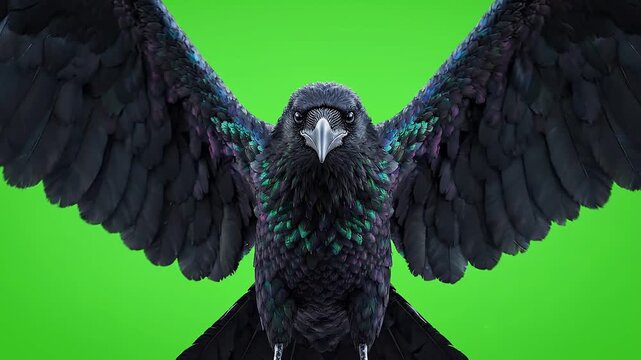Close up front view of large black crow bird with iridescent feathers and wide wings spread flying forward against a vibrant green screen background, dark fantasy creature animation.
