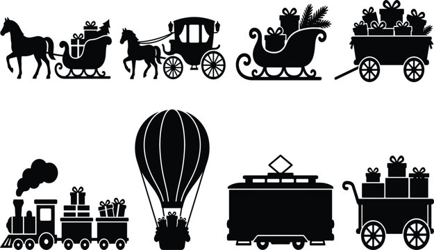 Art & IllustrationChristmas transport silhouette vector set featuring sleigh, carriage, steam train, hot air balloon, and gift wagon