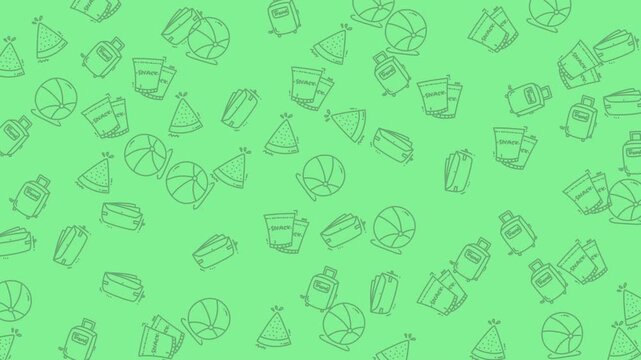 Camping gear and outdoor recreation icons create a pattern on a green background.
