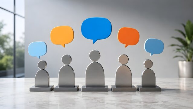 Metallic business figures with colorful speech bubbles engaging in corporate team communication and collaborative brainstorming