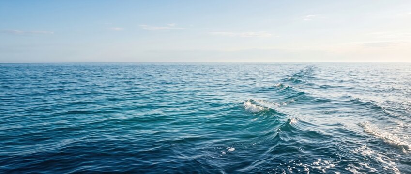 Wide angle view of deep blue ocean waves with white foam, rippling water surface under a clear pale sky, horizon line meeting the sea in bright daylight