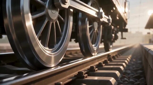 朝の光、駅のホーム、鉄のレール、列車の車輪