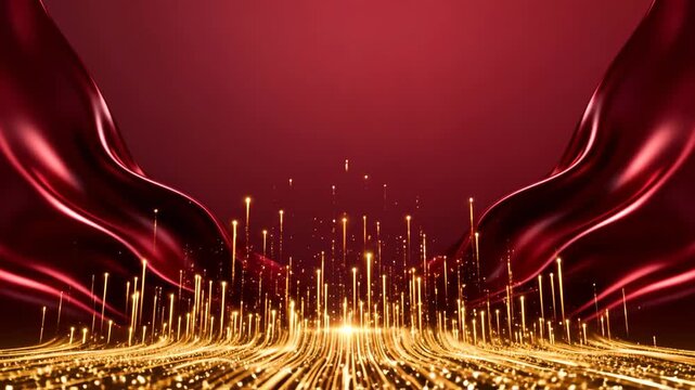 Elegant golden award stage background with red silk curtains and glowing light particles rising up