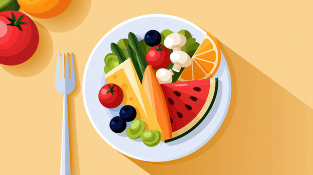 healthy meal plate icon vector illustration on a bright background, balanced nutrition concept, diet planning, colorful, graphic design, bright, with copy space