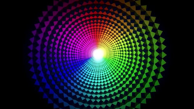 Spinning Rainbow Spiral Vortex of Triangles on Black Background