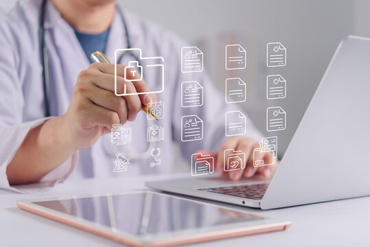 Healthcare Data Management Technology Concept With Digital Medical Records Interface And Secure Information System On Laptop For Modern Healthcare Workflow