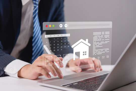Real Estate Website Platform Concept With Digital Property Search Interface On Laptop For Online Housing Services And Customer Management