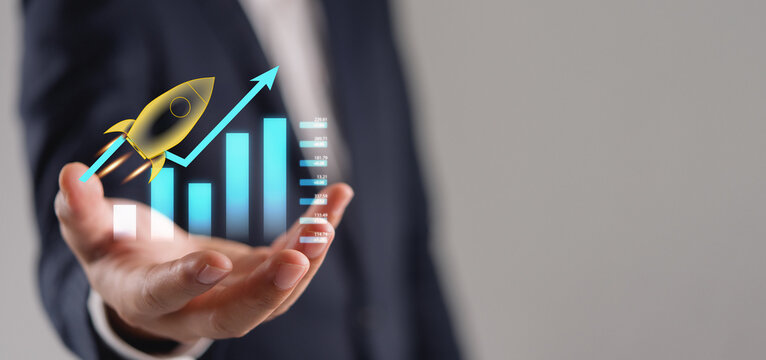 Startup Business Growth with Rocket and Rising Chart for Company Launch Revenue Increase Scaling Strategy and Financial Success Concept