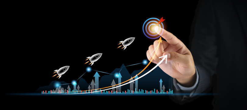 Target Achievement and Business Growth Concept with Rockets and Rising Performance Chart