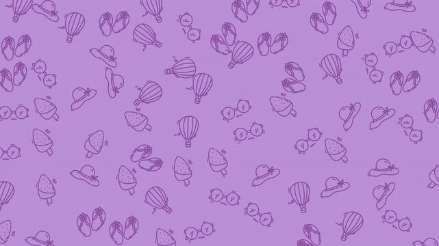 Summer hats and sunglasses form a line art pattern over a purple background.