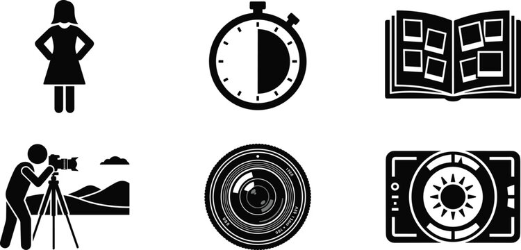 Set of photography, camera gear, and time management vector silhouette icons
