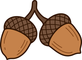 Pair of brown acorns on branch vector illustration, autumn forest nature concept © 예주 김