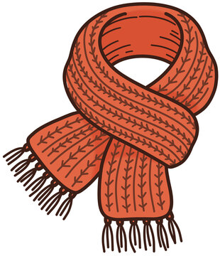 Red knitted winter scarf with fringe vector illustration, cozy warm clothing concept