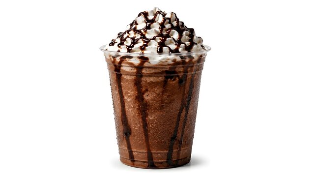 A delicious chocolate mocha frappe drink with whipped cream and chocolate syrup in a clear plastic cup.