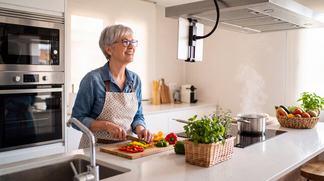 Culinary Bliss: A radiant senior woman with glasses, wearing an apron, joyfully chops colorful bell peppers in a sunlit, modern kitchen, the aroma of cooking filling the air.