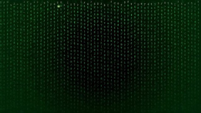 Abstract digital rain of green binary code falling on a dark black background