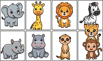 Obraz premium Cute Kawaii Safari Animal Flashcard Vector Set Featuring Baby Elephant, Giraffe, Lion, Zebra, Rhinoceros, Hippopotamus, Meerkat, Cheetah, and Monkey