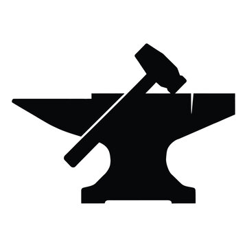 Black silhouette of an anvil and hammer resting against a white background silhouette
