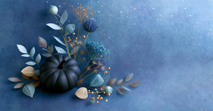 Halloween autumn composition with black pumpkin, dried flowers and decorative leaves on blue starry background with copy space