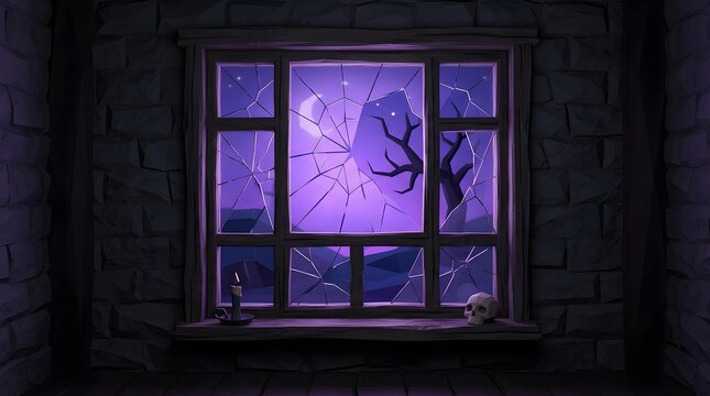 3D Halloween window view with spider web, moon, and skull in a dark stone room interior.