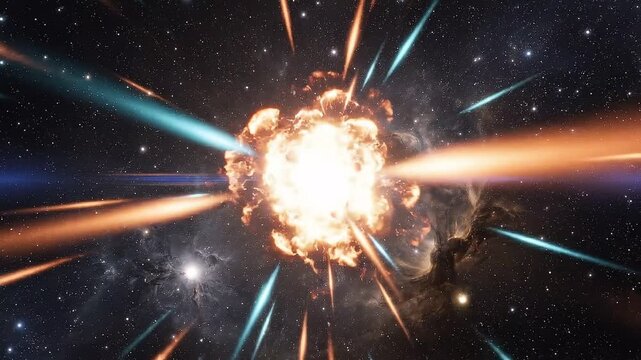 Explosion in deep space, bright starburst with light beams, cosmic background with stars and nebulae, dynamic cinematic sci-fi motion footage.