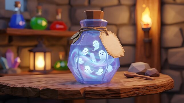 3D render of a glowing magic potion bottle containing tiny spirits for Halloween decor