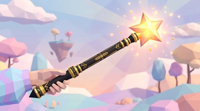 3D render of a hand holding a glowing star magic wand in a whimsical fantasy landscape.