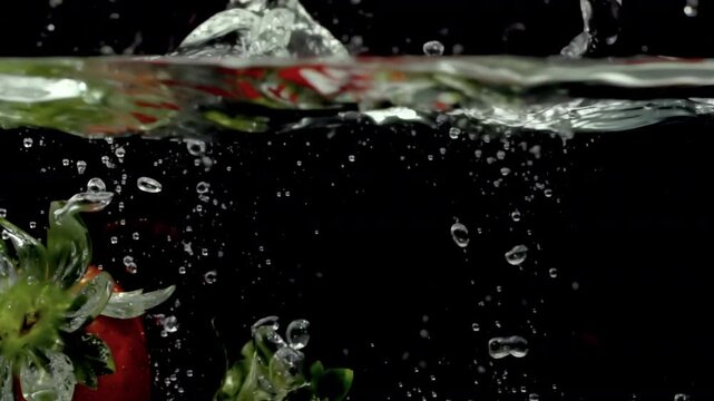 fresh strawberries fruit dropped into water in super slow motion
