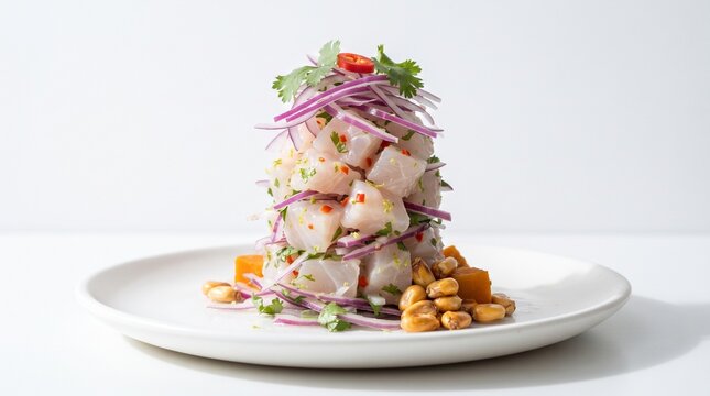 Eye-Level View of Layered Peruvian Ceviche Showing Fresh Ingredients