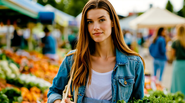 A young woman with long brown hair and a white shirt is standing in front of a market stall with a blue jean jacket and a wooden stick