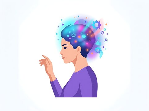 Profile view of woman with digital mind gears and brain network