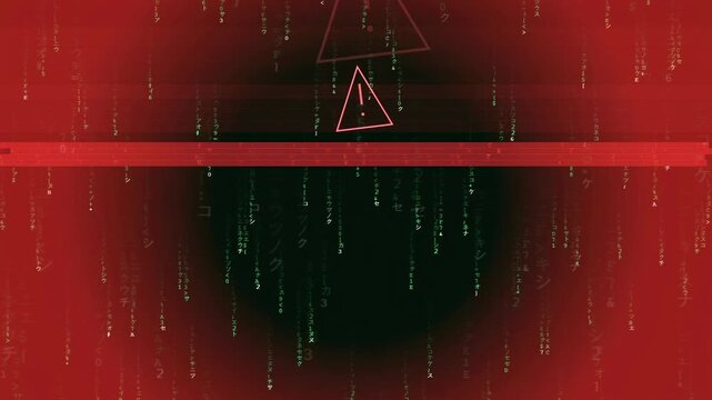 Digital matrix rain background with red warning alert symbols and glitching data stream effects